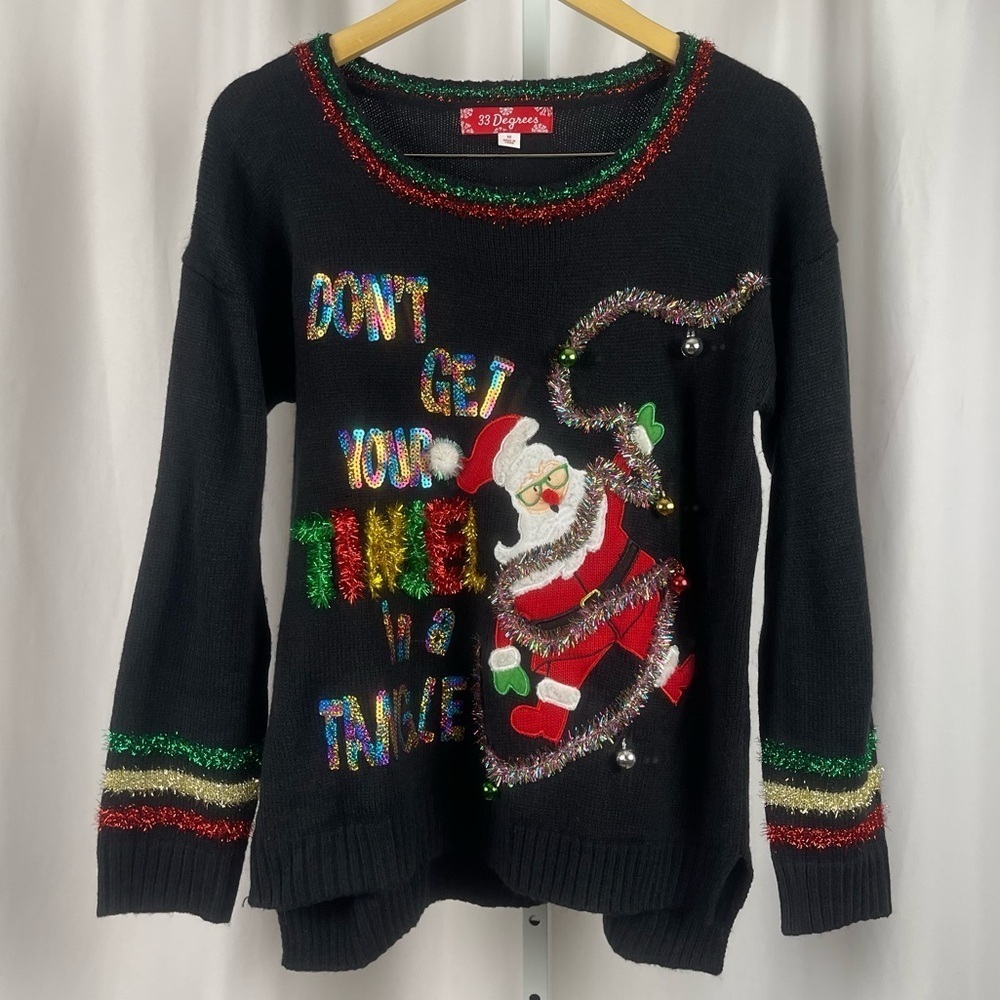 33 Degrees Size Medium Funny Santa Ugly Christmas Sweater Embroidered Sequin